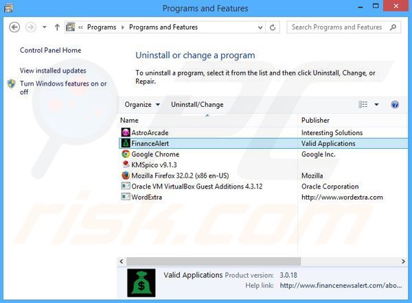 desinstalar el software publicitario Finance alert del Panel de control