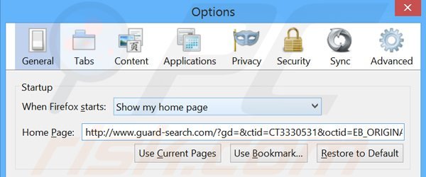 Eliminando Guard-search.com de la página de inicio de Mozilla Firefox