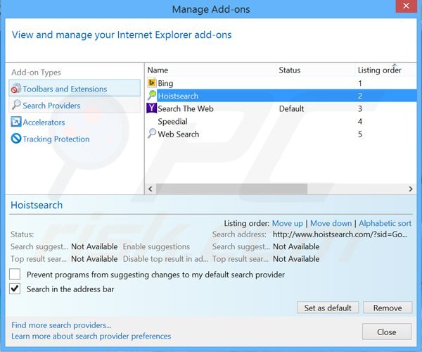 Eliminando hoistsearch.com del motor de búsqueda por defecto de Internet Explorer
