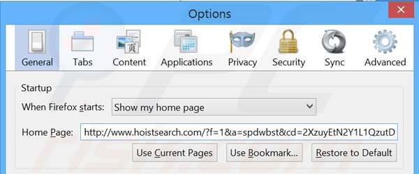 Eliminando hoistsearch.com de la página de inicio de Mozilla Firefox