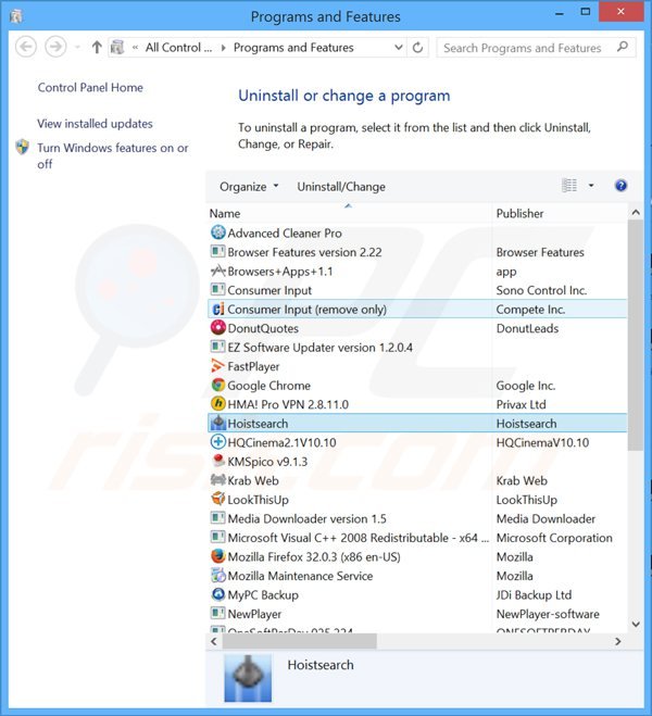 desinstalar el secuestrador de navegadores hoistsearch.com desde el Panel de control