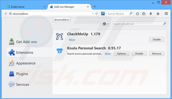 Eliminando los anuncios de koala personal search de Mozilla Firefox paso 2