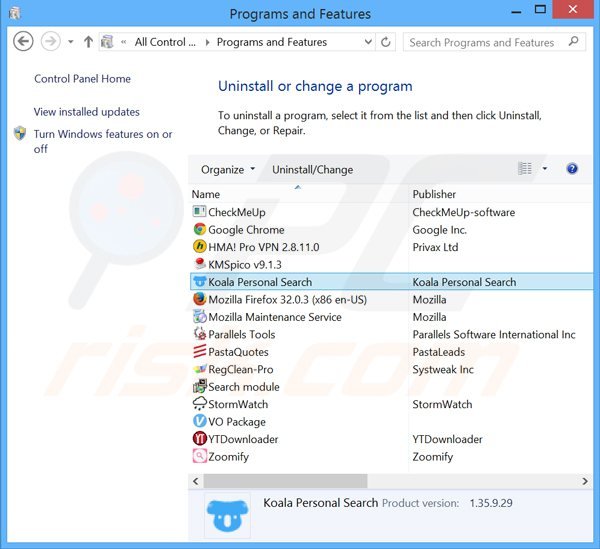 desinstalar el adware koala personal search del Panel de control