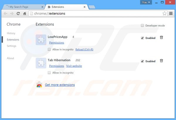 Eliminando las extensiones relacionadas con mysearchpage.net de Google Chrome