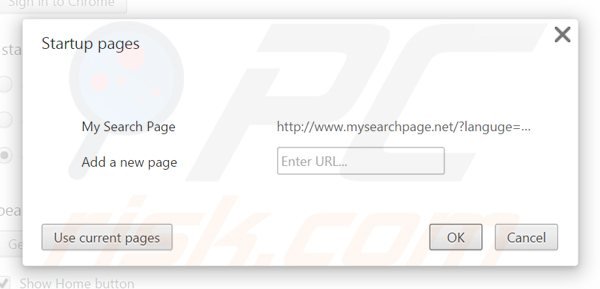 Eliminando mysearchpage.net de la página de inicio de Google Chrome