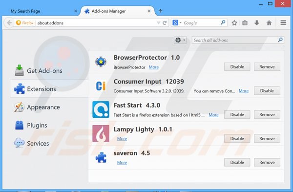 Eliminando mysearchpage.net de las extensiones de Mozilla Firefox