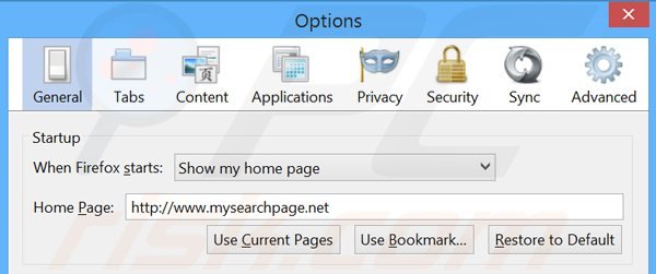 Eliminando mysearchpage.net de la página de inicio de Mozilla Firefox