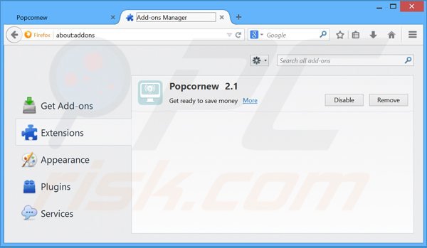 Eliminando los anuncios Popcornew de Mozilla Firefox paso 2