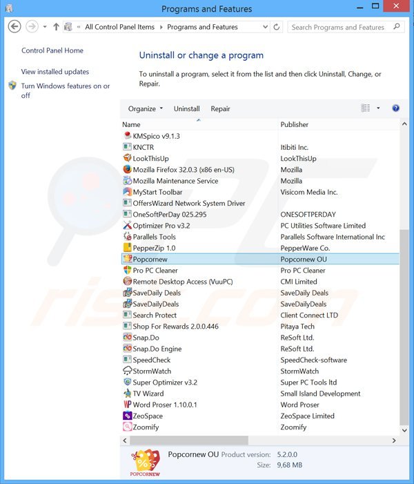 desinstalar el adware Popcornew del Panel de control