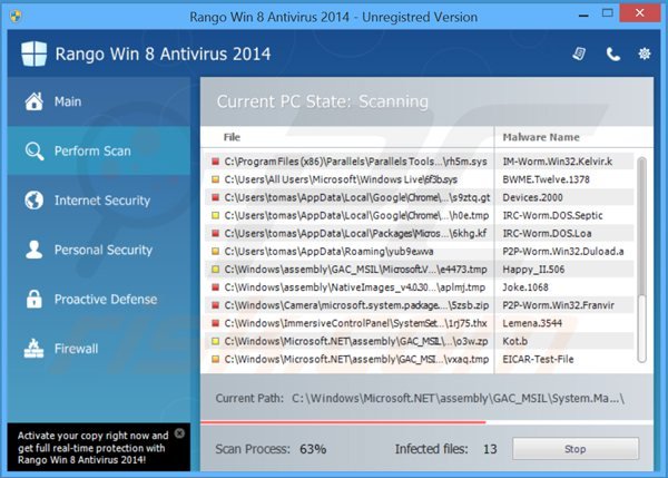 El falso antivirus rango win8 antivirus 2014  realizando un falso análisis de seguridad en el equipo