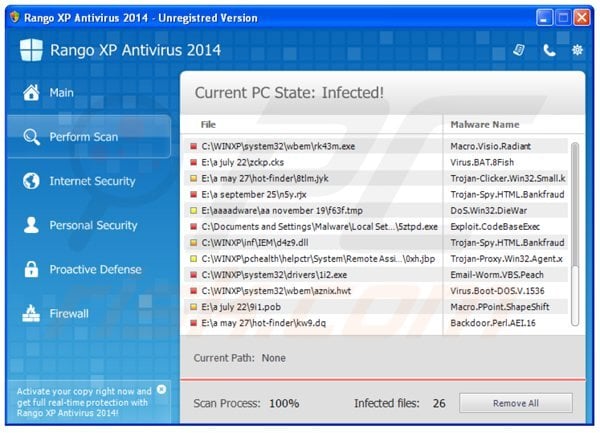 El falso antivirus rango xp antivirus 2014  realizando un falso análisis de seguridad en el equipo