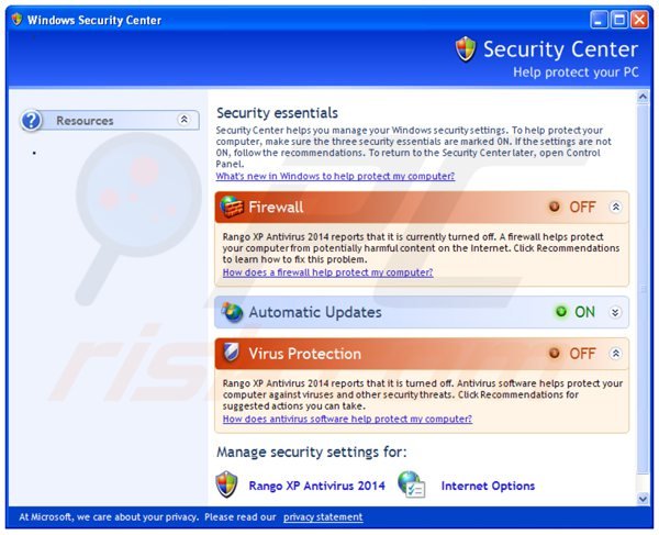 Rango xp Antivirus 2014 mostrando un falso Centro de acción de Windows