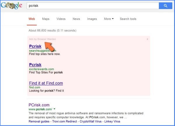 Anuncios sospechosos que aparecen en los resultados de búsqueda de Google, generados por el programa publicitario Browser Warden