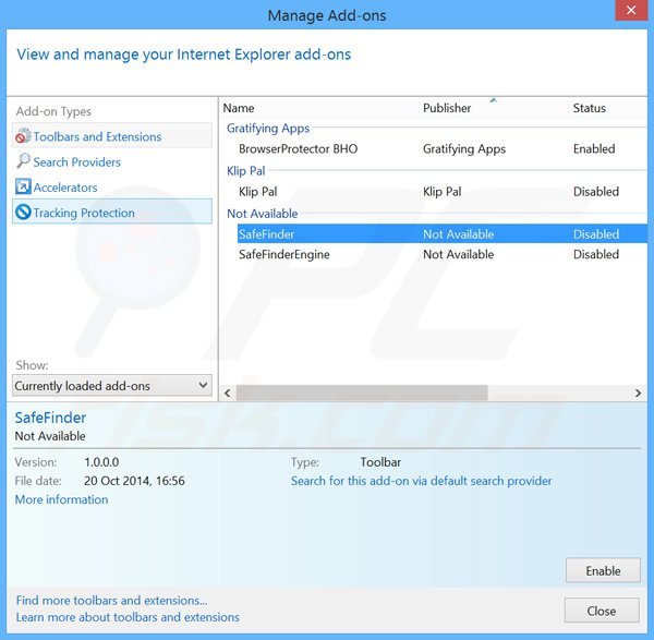 Eliminando las extensiones relacionadas con search.safefinder.com en Internet Explorer