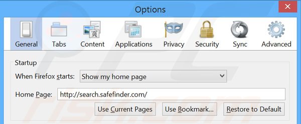 Eliminando search.safefinder.com de la página de inicio de Mozilla Firefox