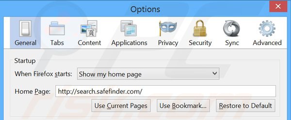 Eliminando search.safefinder.com de la página de inicio de Mozilla Firefox