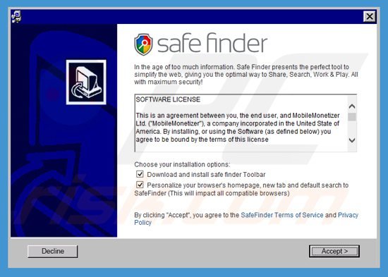 instalador del secuestrador de navegadores search.safefinder.com