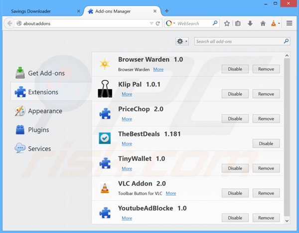 Eliminando savings downloader de Mozilla Firefox paso 2