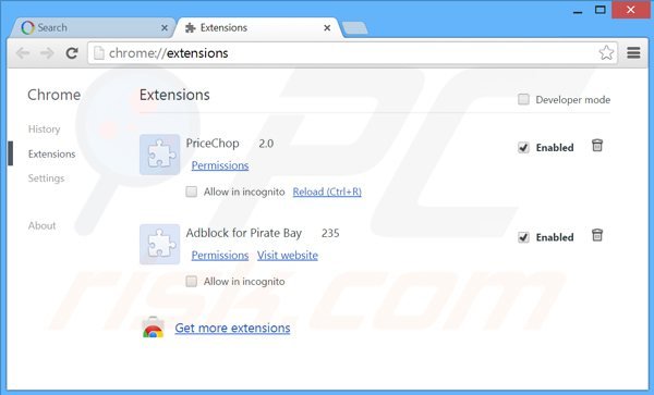 Eliminando las extensiones relacionadas con websearch.searc-hall.info de Google Chrome