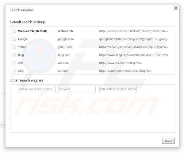 Eliminando websearch.searc-hall.info del motor de búsqueda por defecto de Google Chrome