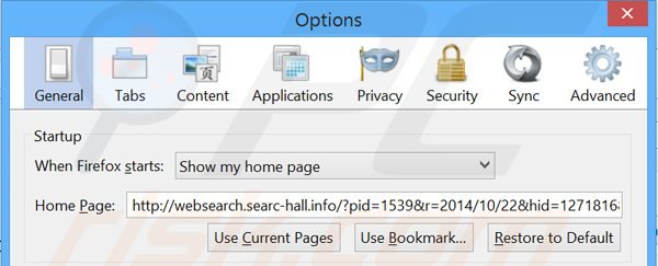 Eliminando websearch.searc-hall.info de la página de inicio de Mozilla Firefox