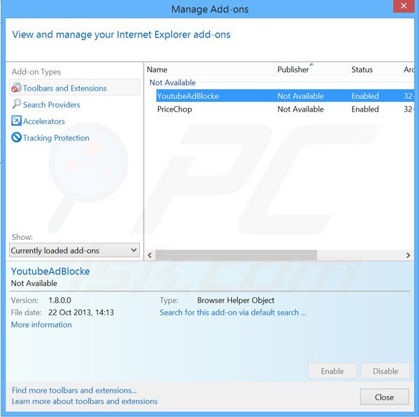 Eliminando las extensiones relacionadas con websearch.searc-hall.info en Internet Explorer