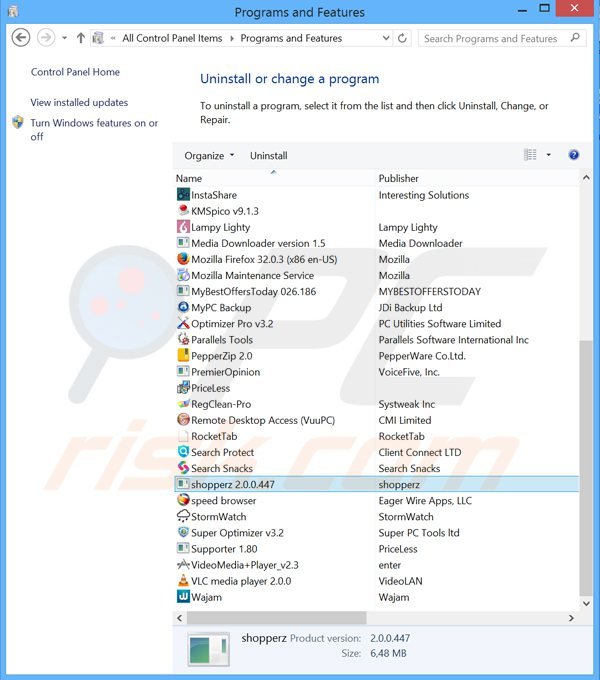 desinstalar el adware shopperz del Panel de control