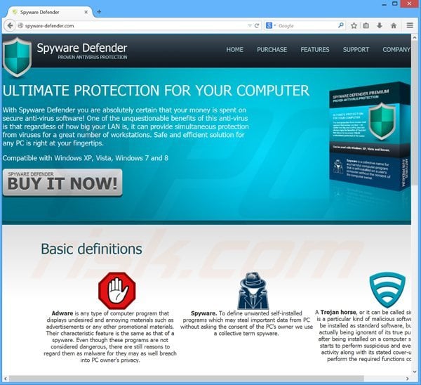 sitio web usado por el falso antivirus system defender