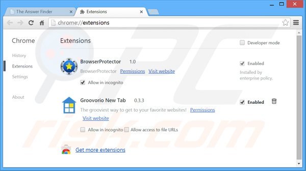 Eliminando los anuncios theanswerfinder de Google Chrome paso 2