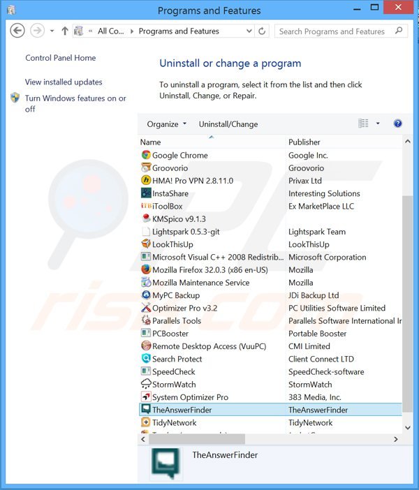 desinstalar el adware theanswerfinder del Panel de control