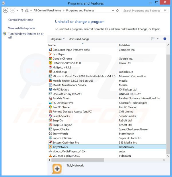 desinstalar el adware tidynetwork del Panel de control