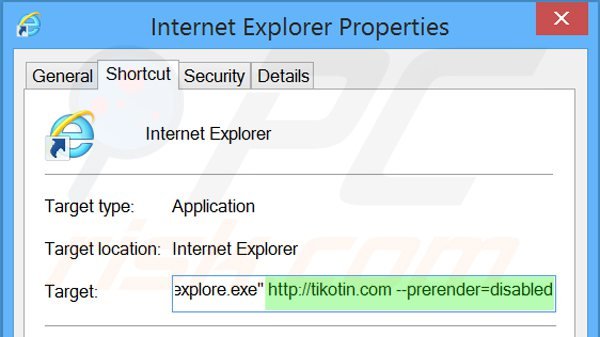Eliminar tikotin.com del destino del acceso directo de Internet Explorer paso 2