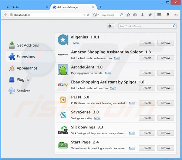 Eliminando tikotin.com de las extensiones de Mozilla Firefox