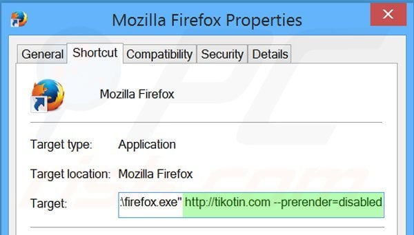 Eliminar tikotin.com del destino del acceso directo de Mozilla Firefox paso 2