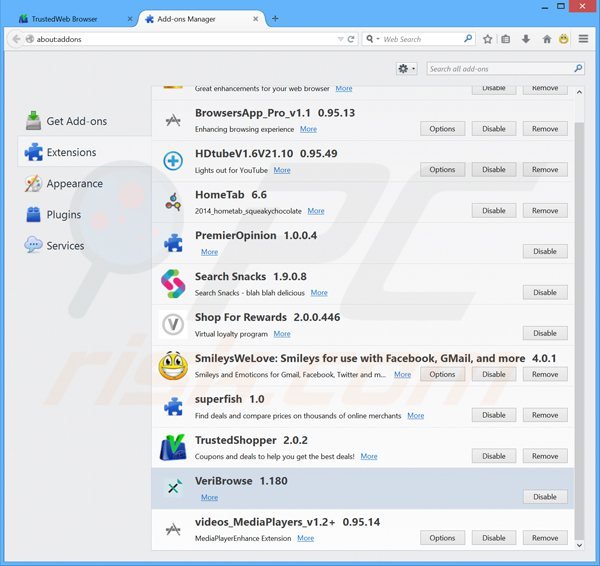 Eliminando los anuncios VeriBrowse de Mozilla Firefox paso 2