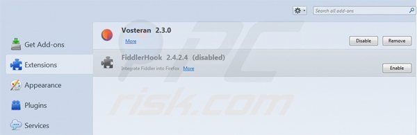 Eliminando vosteran.com de las extensiones de Mozilla Firefox