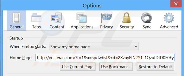 Eliminando vosteran.com de la página de inicio de Mozilla Firefox