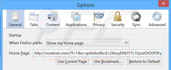 Eliminando vosteran.com de la página de inicio de Mozilla Firefox