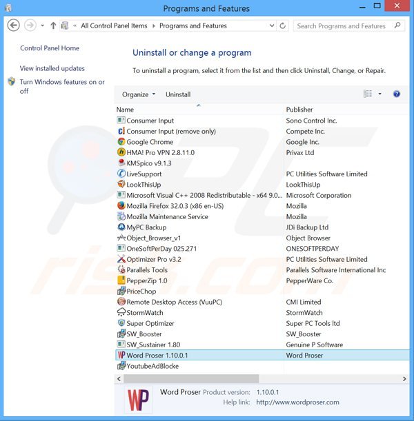 desinstalar el adware wordproser del Panel de control