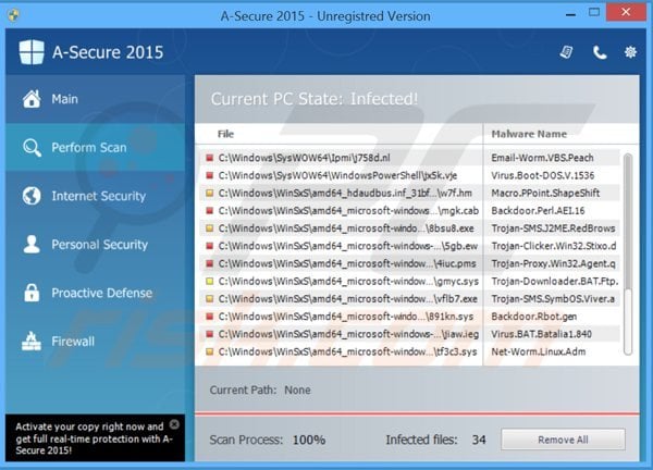 El falso antivirus a-secure 2015 realizando un falso análisis de seguridad en el equipo