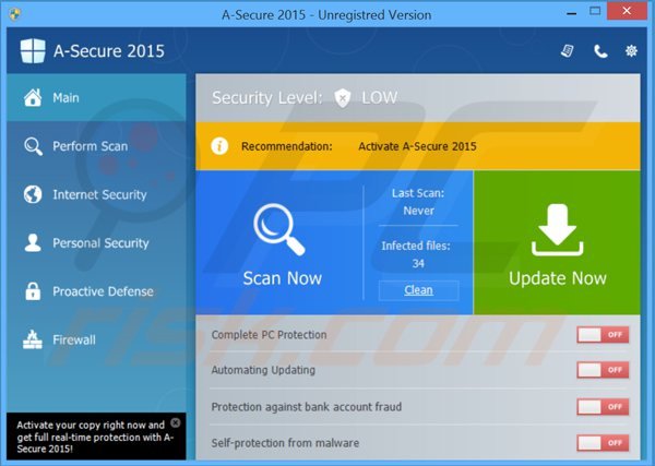 pantalla principal del falso antivirus a-secure 2015