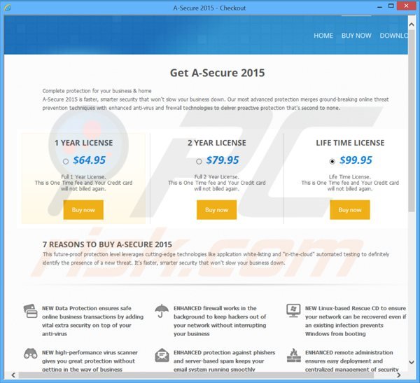 Sitio web fraudulento destinado a promocionar el falso antivirus a-secure 2015