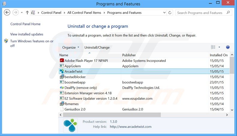 desinstalar el adware arcadetwist del Panel de control