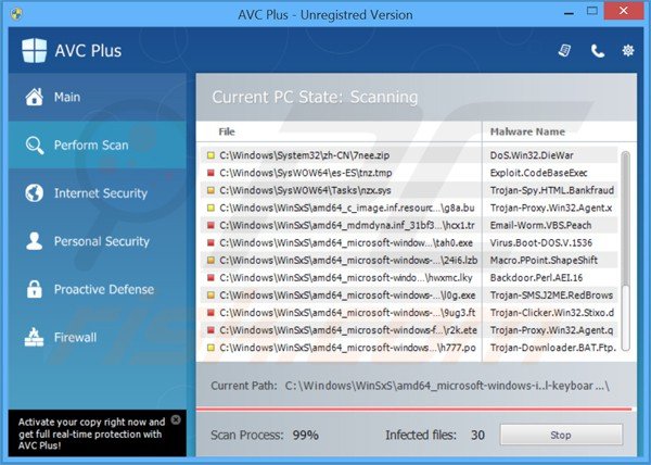 El falso antivirus avc plus realizando un falso análisis de seguridad en el equipo