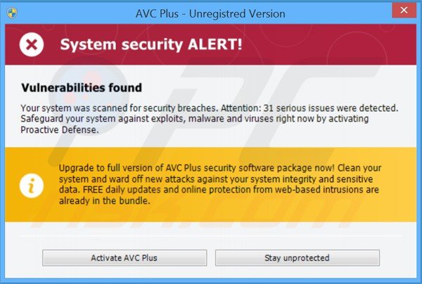 avc plus mostrando mensajes con falsas advertencias de seguridad
