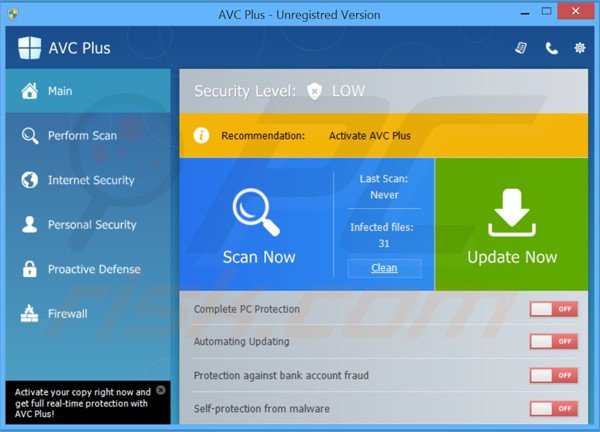 pantalla principal del falso antivirus avc plus