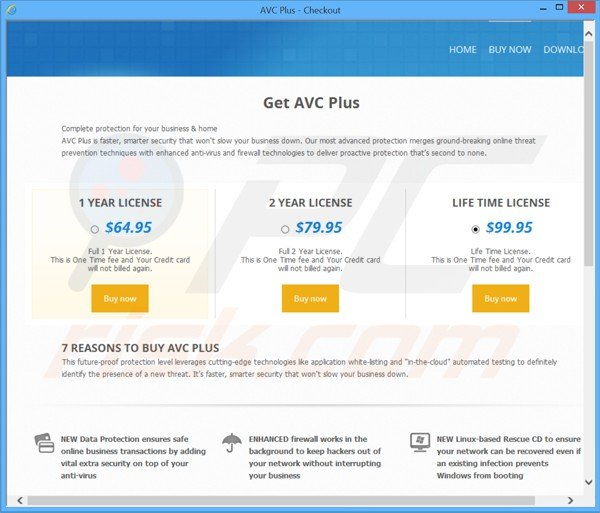 Sitio web fraudulento destinado a cobrar los pagos de las licencias del falso antivirus avc plus