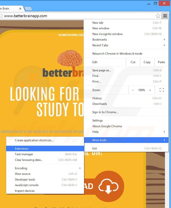 Eliminando los anuncios BetterBrain de Google Chrome paso 1