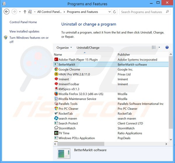desinstalar el adware bettermarkit del Panel de control