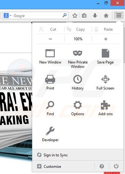 Eliminando los anuncios de Breaking News Alert de Mozilla Firefox paso 1